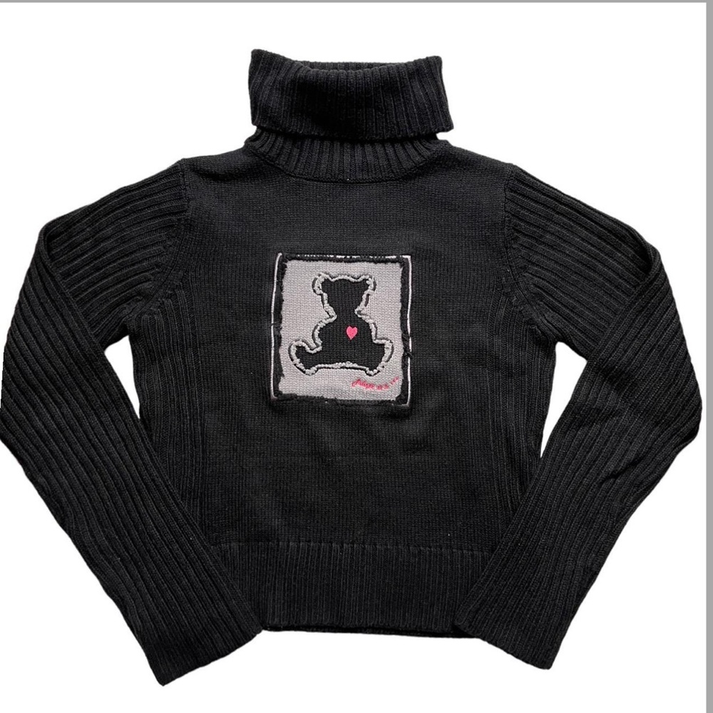 Black and White Teddy Bear Turtleneck Knit Sweater Size Small